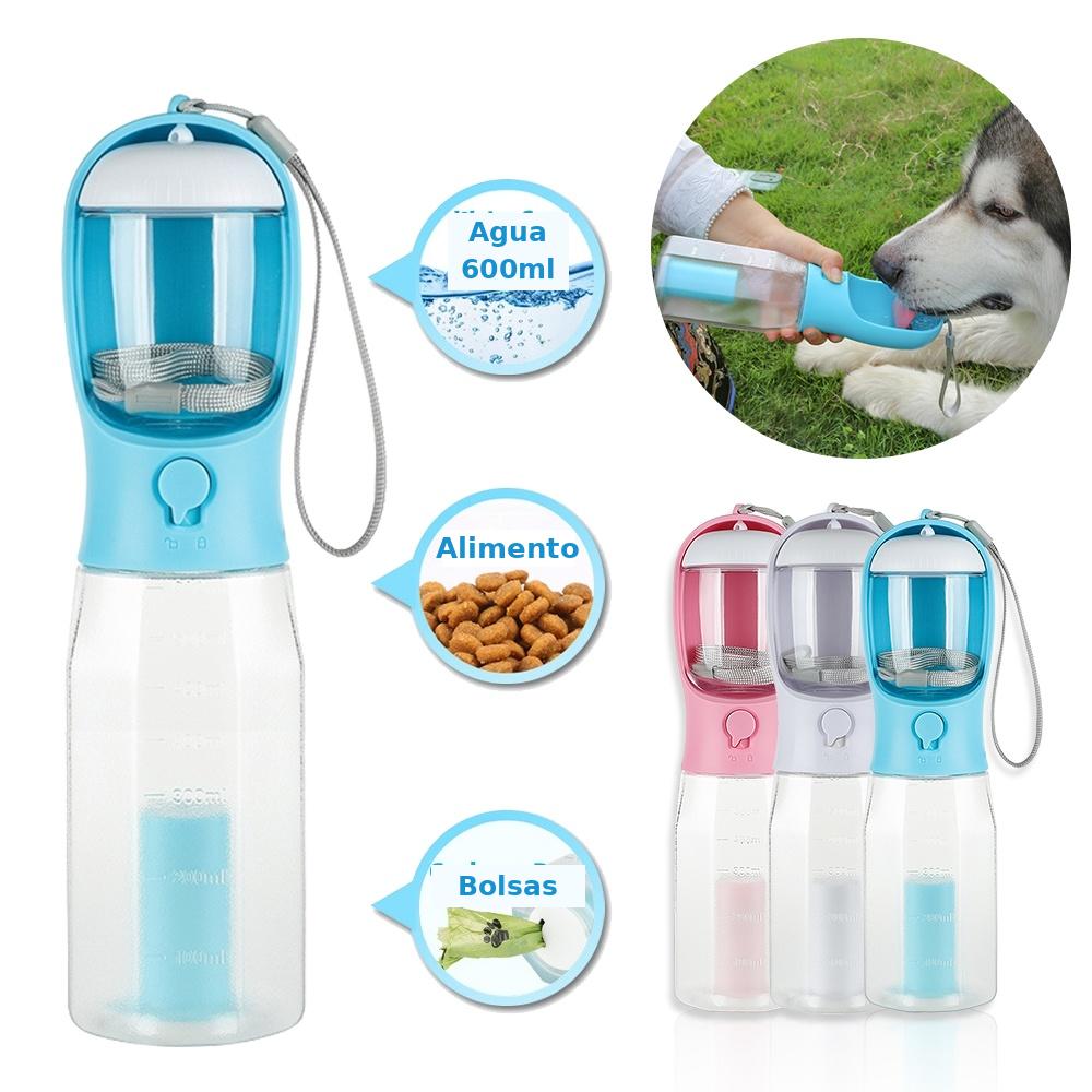 Botella de agua portátil para perros y gatos, dispensador de comida y excremento, 3 en 1