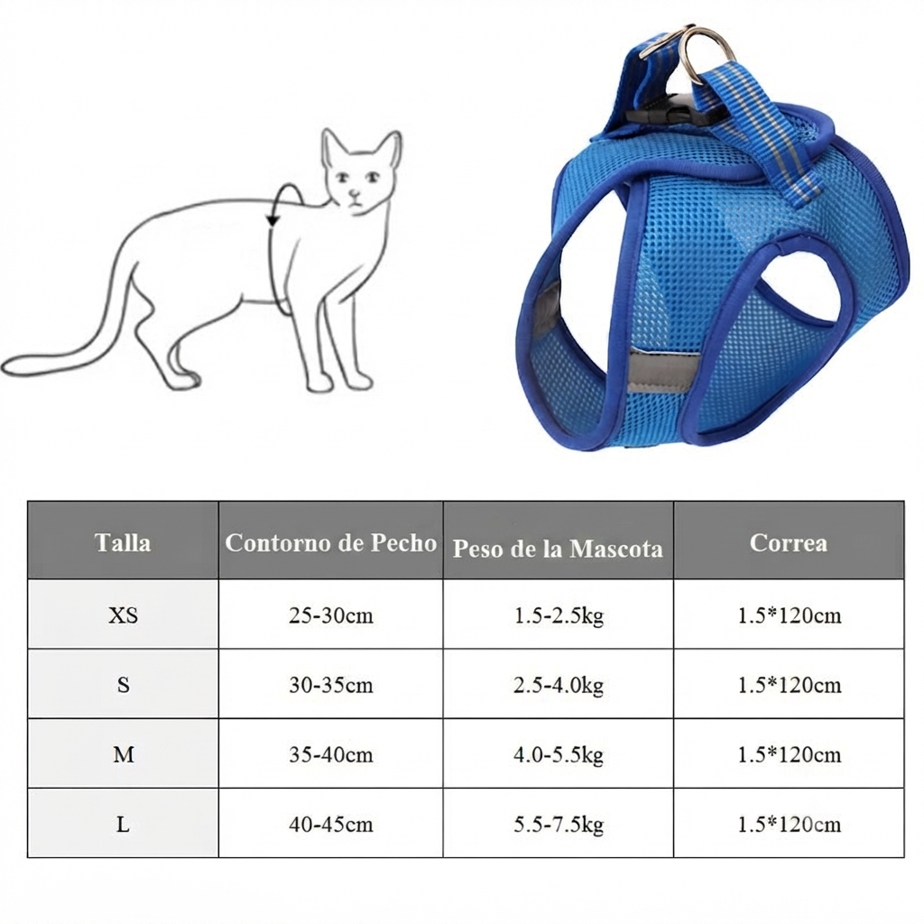 Arnés de tracción antigolpes con velcro para gatos